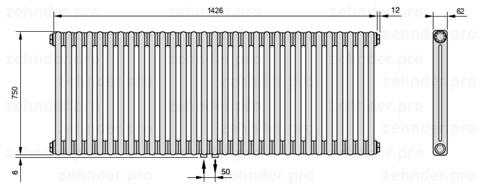 Схема (чертеж) Радиатор Zehnder Charleston 2075/31 №3470 Белый глянцевый RAL 9016
